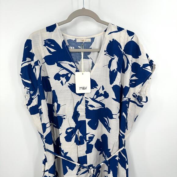 M&V Floral Print Tie Belt Midi Dress in blue white Size L/XL - Picture 3 of 13